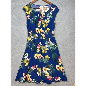 Maeve Anthropologie Evaline Dress S‎ Blue Floral Smocked Waist Cap Sleeve